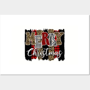 Merry Christmas Cheetah and Buffalo Plaid Paint Design Posters and Art